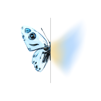 Graphic of half a butterfly with a blue and yellow gradient making up the other half