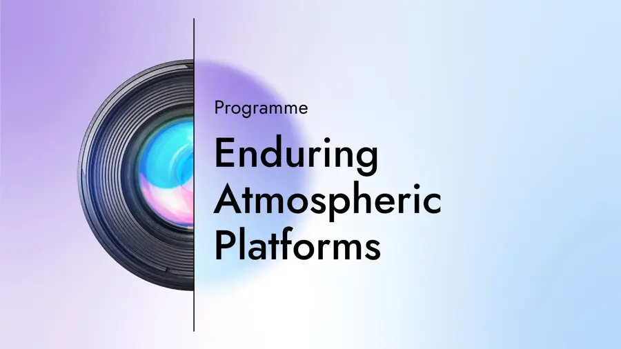 A card with the text "Programme: Enduring Atmospheric Platforms" and a graphic of half a camera lens on a gradient background