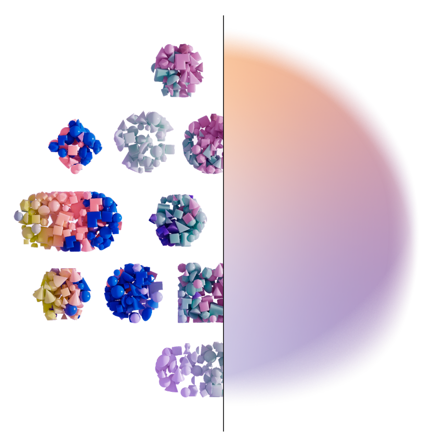 Graphic of several clusters of geometric shapes with an orange and purple gradient making up the other half