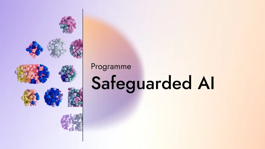 A card saying 'Safeguarded AI' and 'programme' with a graphic of abstract shapes.