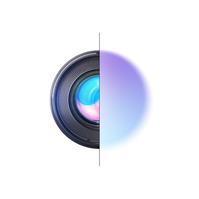 Graphic of half a camera lens with a blue and purple gradient making up the other half