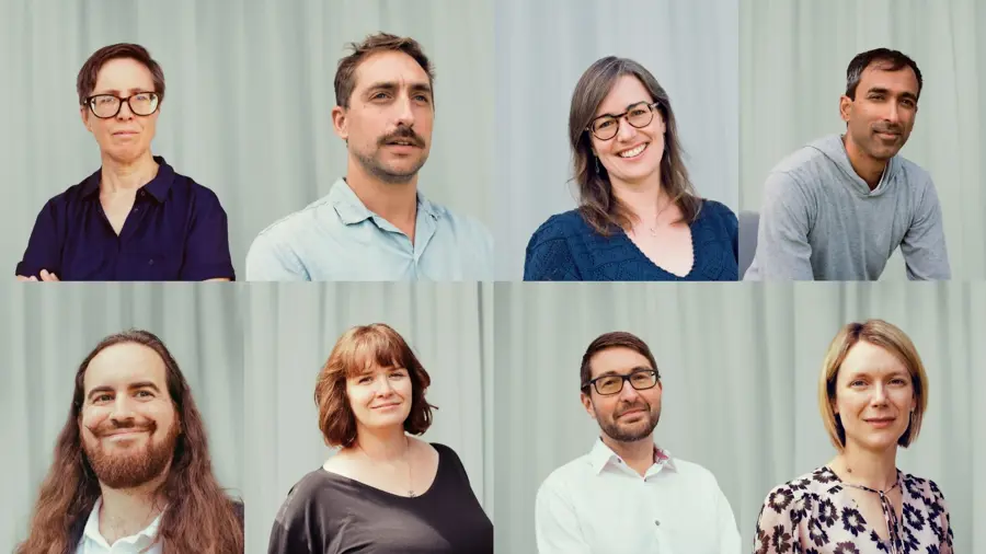 Collage of the Cohort 1 Programme Directors: Jenny Read, Jacques Carolan, Angie Burnett, Suraj Bramhavar, David 'davidad' Dalrymple, Gemma Bale, Mark Symes and Sarah Bohndiek 