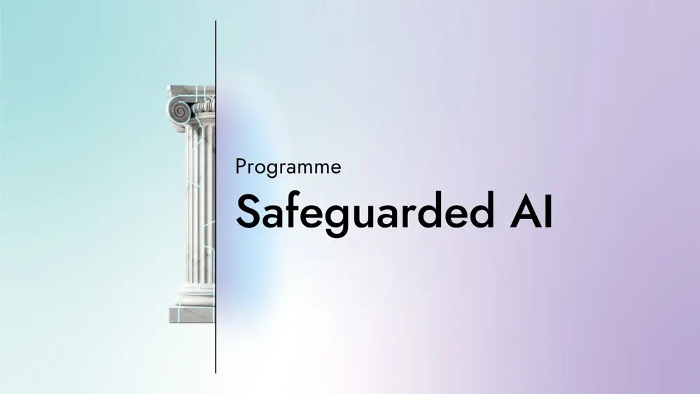 Card with the text "Programme: Safeguarded AI" with a graphic of half a column on a gradient background