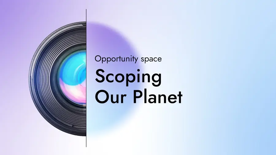A graphic saying 'Scoping Our Planet' and 'opportunity space' with a graphic of a camera lens.