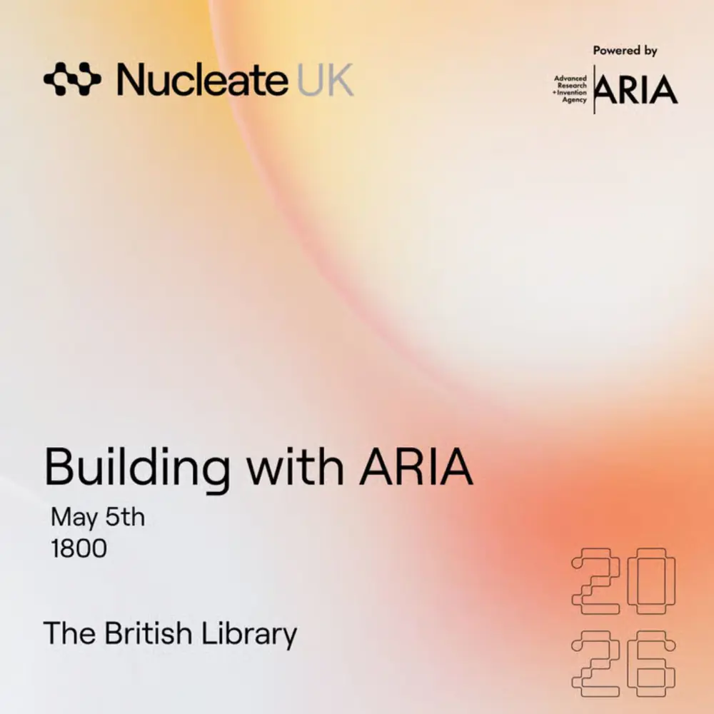Event card with gradient background and the text 'Building with ARIA, May 5, 18:00'